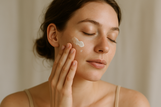 a woman aplies creme on her face but make it natural