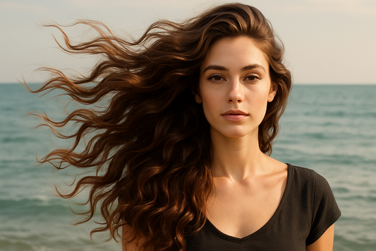 a woman with a sea backround with a focus in her hair